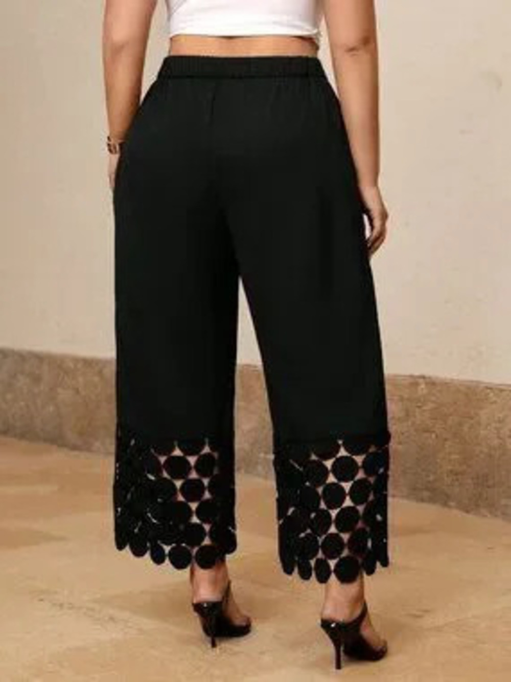 Black Casual Women's Plus Size Elegant Floral Trim Patchwork Pants Night Party